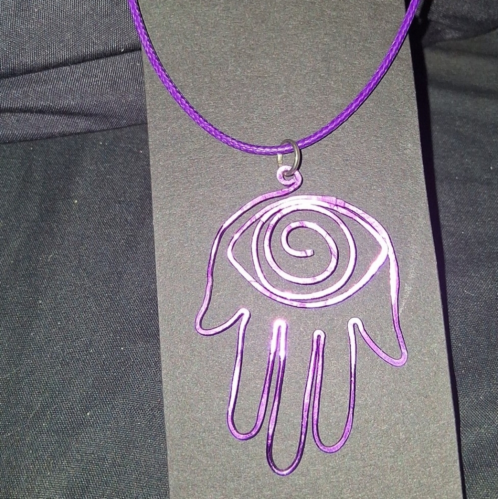 Handmade Purple Wire Hamsa Hand Necklace